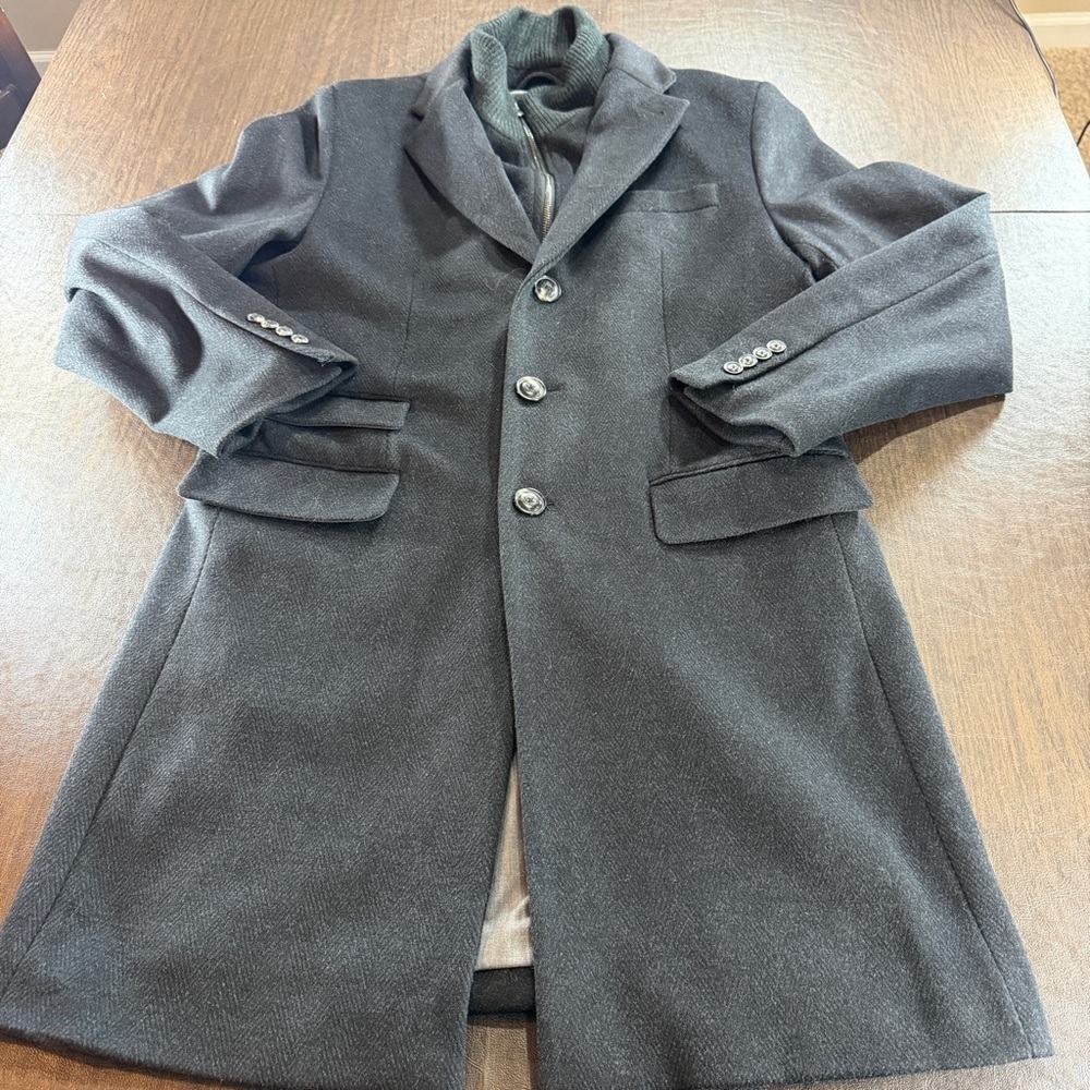Egara Men's Black Wool-Blend Overcoat Jacket with Inside Zip Up Sz M